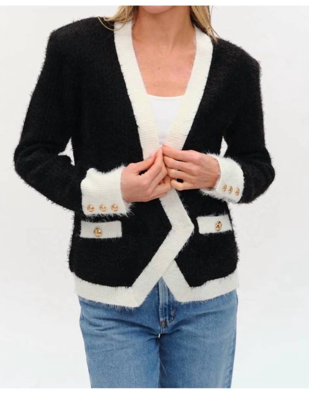 New with tags. Six/fifty Olivia black and creme asymmetrical cardigan